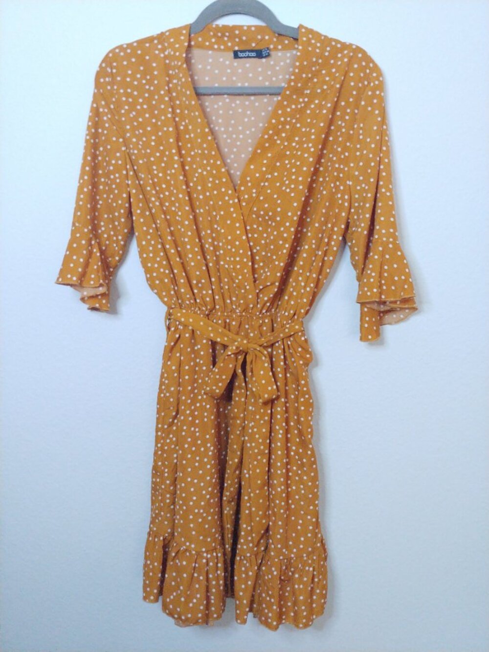 Boohoo Mustard Polka Dot Wrap Dress